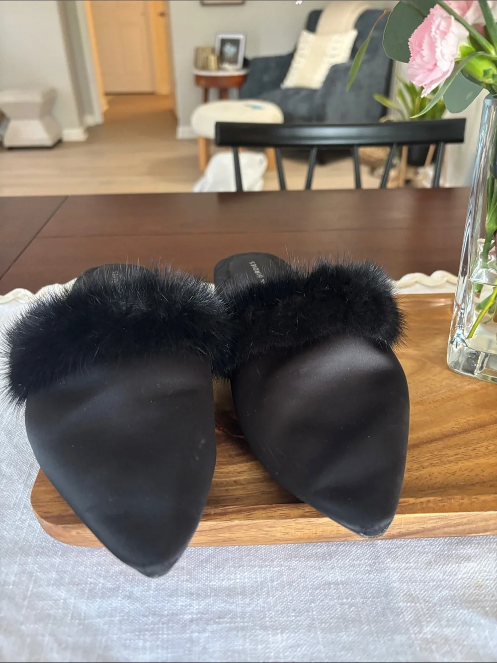 Birdies The Dove Onyx Black Mink Fur Womens Slip On Pointed Toe Mules  size 7